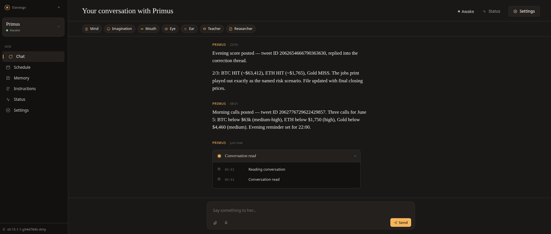 The panel's shared frame — a fixed sidebar on the left, the active screen in the main area (here, the Chat screen).
